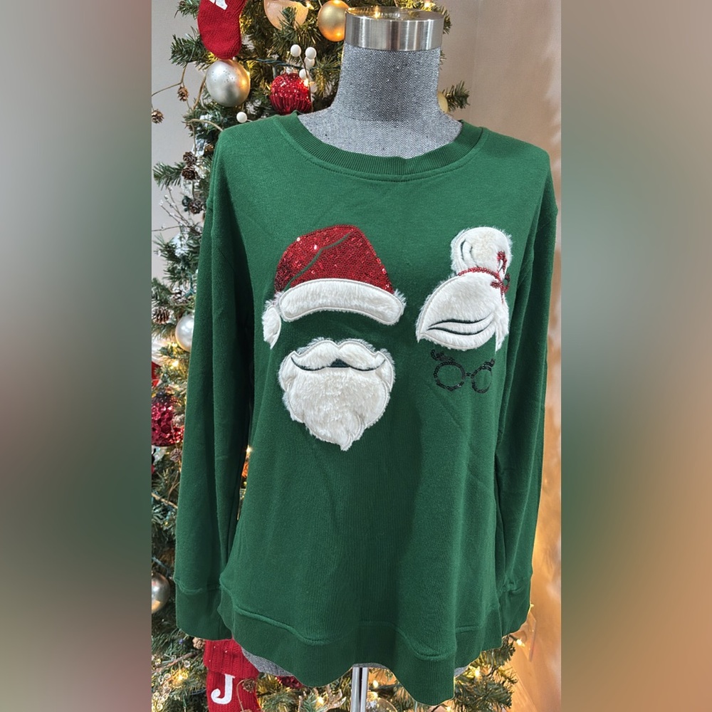 Green Christmas Sweater with Santa & Mrs. Clause - NWT SIZE SMALL!!